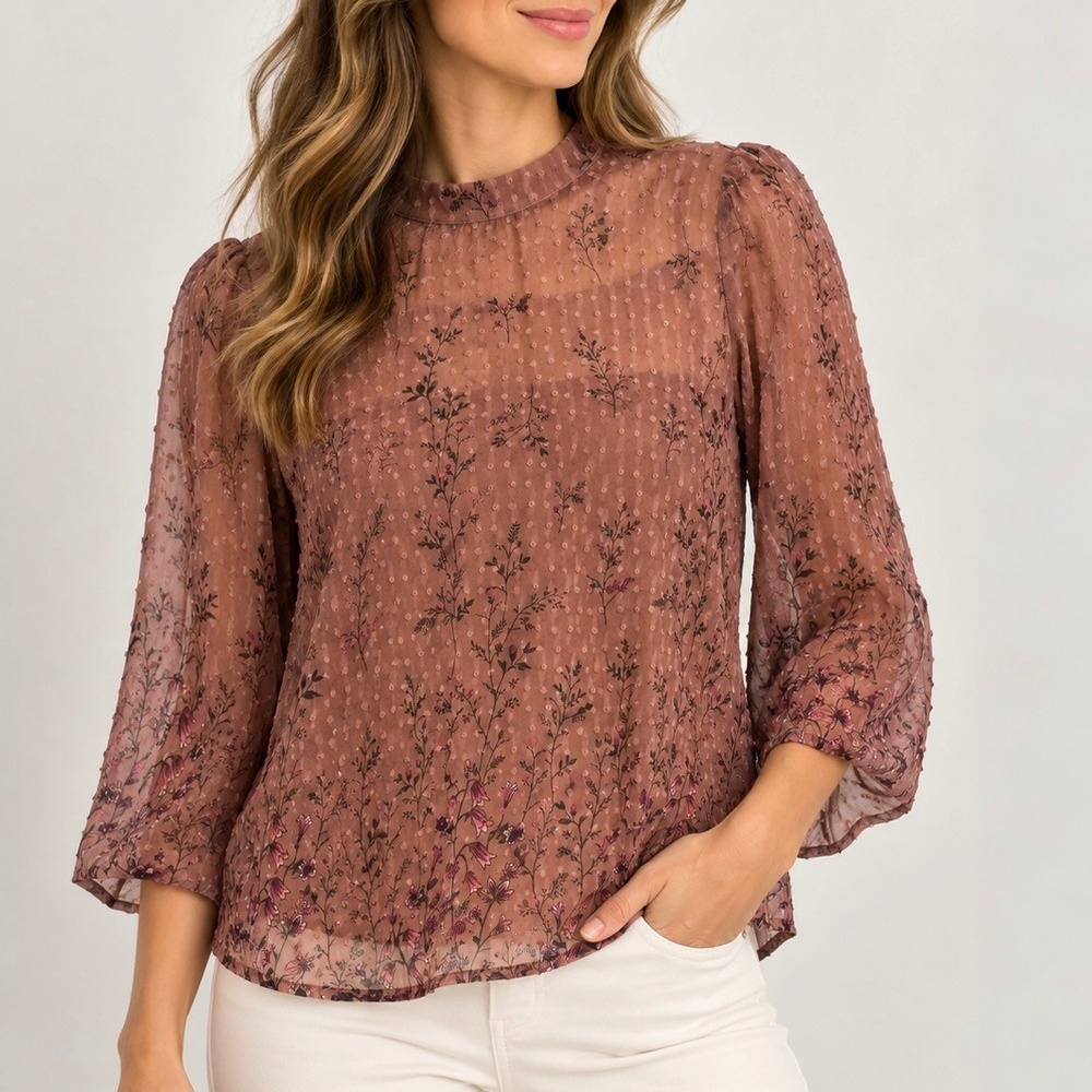 Sweet Rain Floral Clip Dot Mock Neck Sheer Blouse Mauve XL T95292